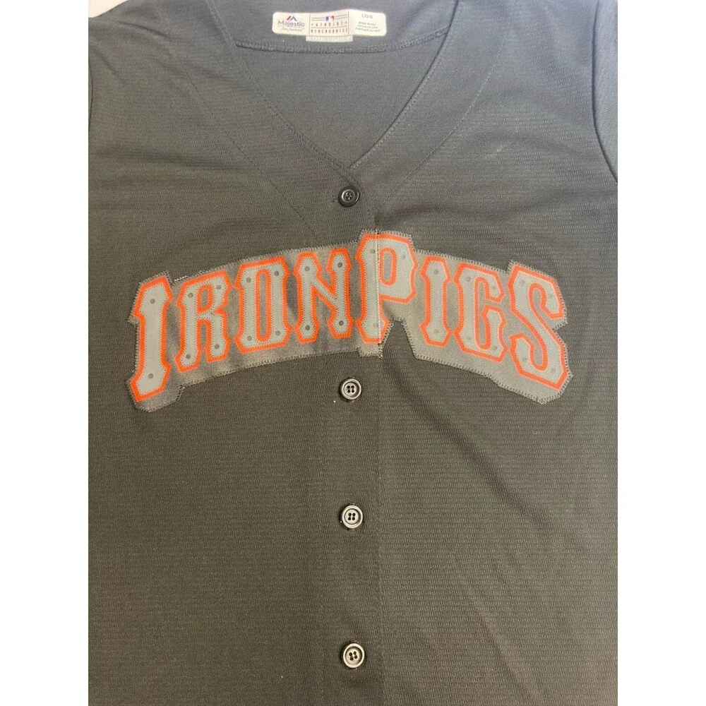 Majestic Cool Base IronPigs Button-Front Baseball Jersey Black/Gray/Orange L